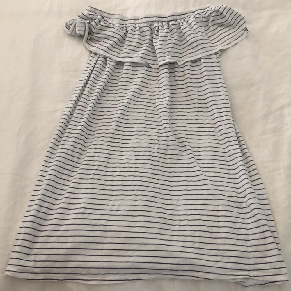 Off the shoulder blue and white striped dress